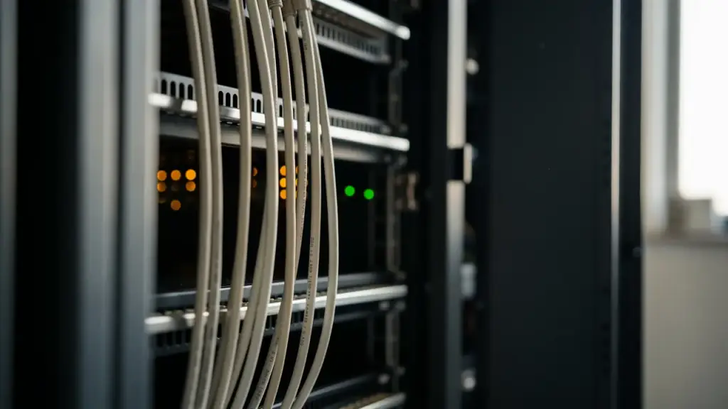 Cable sweeping down the face of a network rack with amber and green port indicators