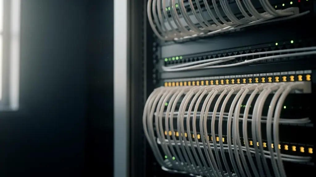 Pale cable bundles dressed in parallel into a rack mounted patch panel
