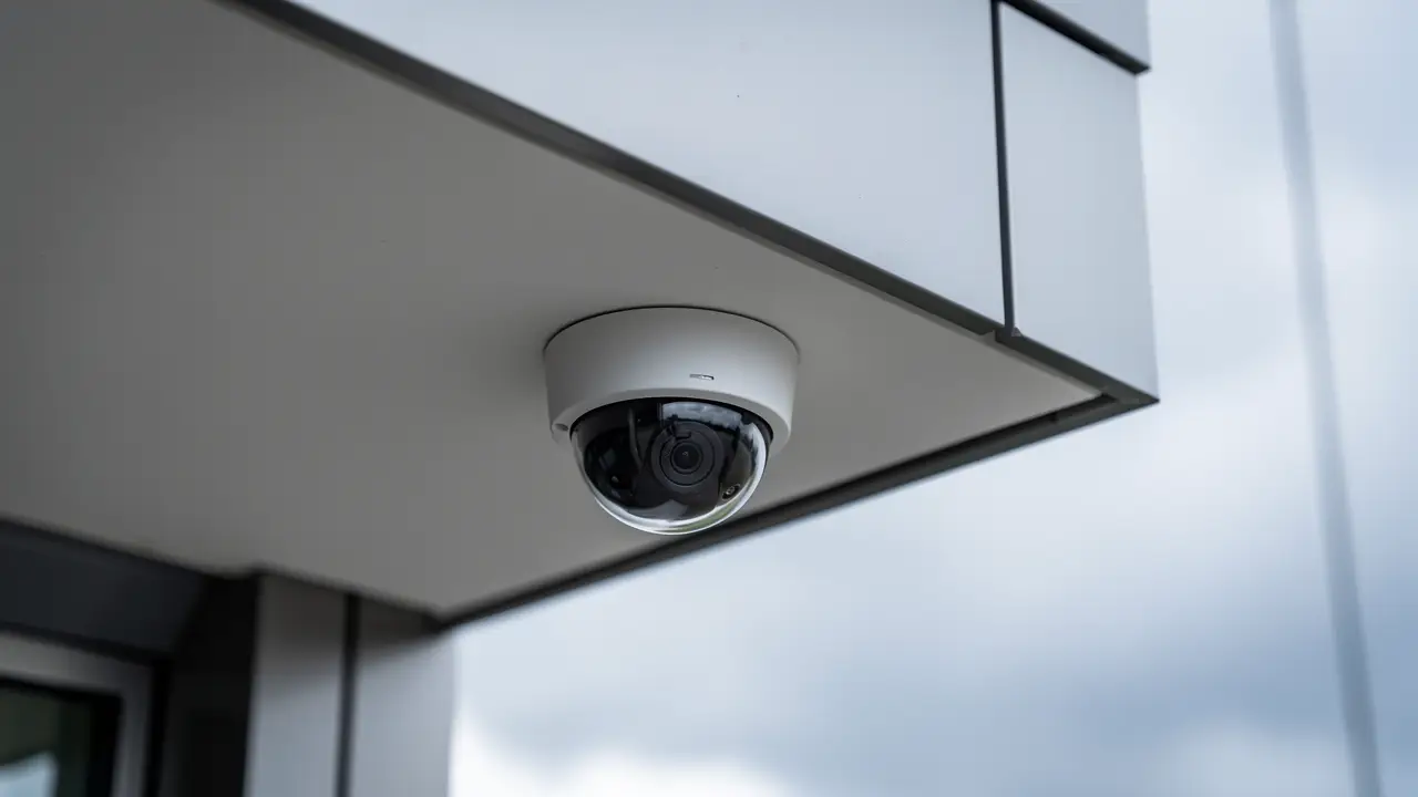 White dome security camera mounted under the soffit of a commercial building