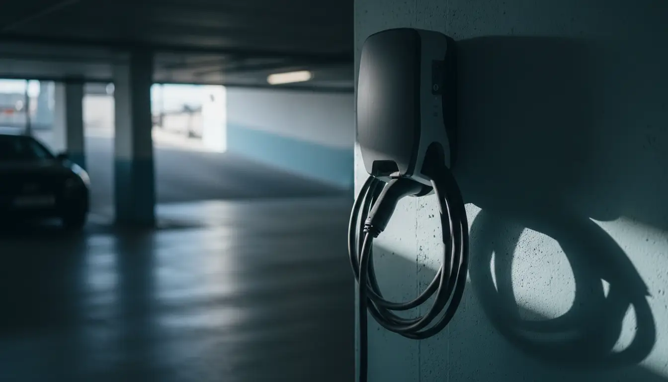Wall mounted EV charging unit with a coiled cable in a concrete parking structure