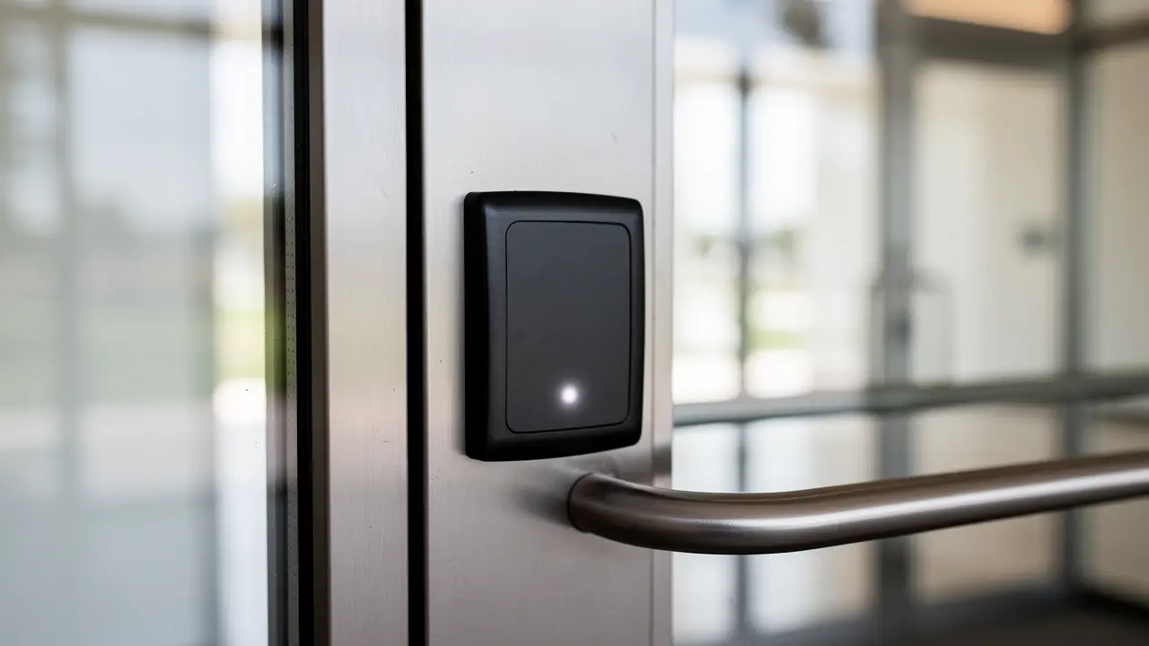 Matte black access control reader mounted beside a commercial glass entrance door