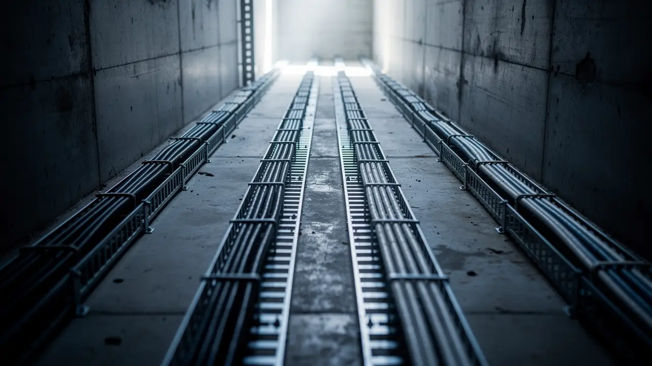 Galvanised cable tray and conduit runs climbing a concrete riser shaft